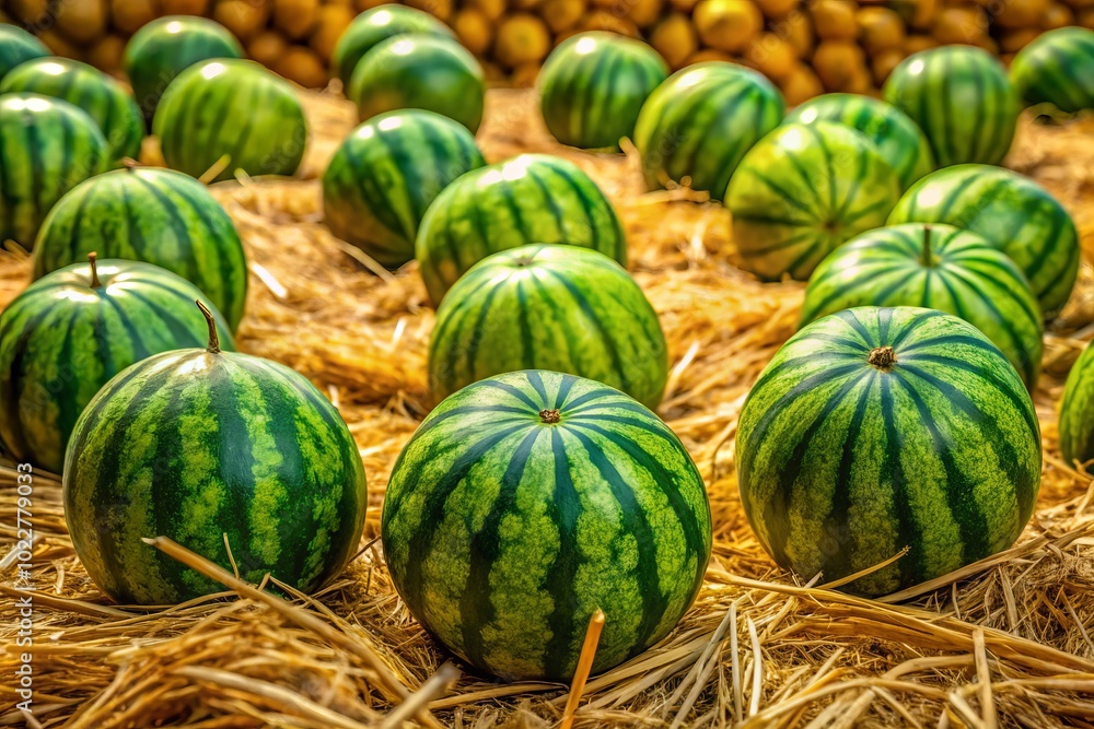 Vibrant Green Watermelons on Dry Straw - Nature's Contrast in Drone Photography Vibrant Green Watermelons on Dry Straw - Nature's Contrast in Drone Photography