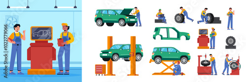 Auto repair shop icons and illustration in flat design