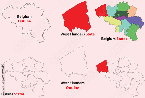 West Flanders map vector of Belgium, West Flanders line map, West Flanders with city map, West Flanders outline map