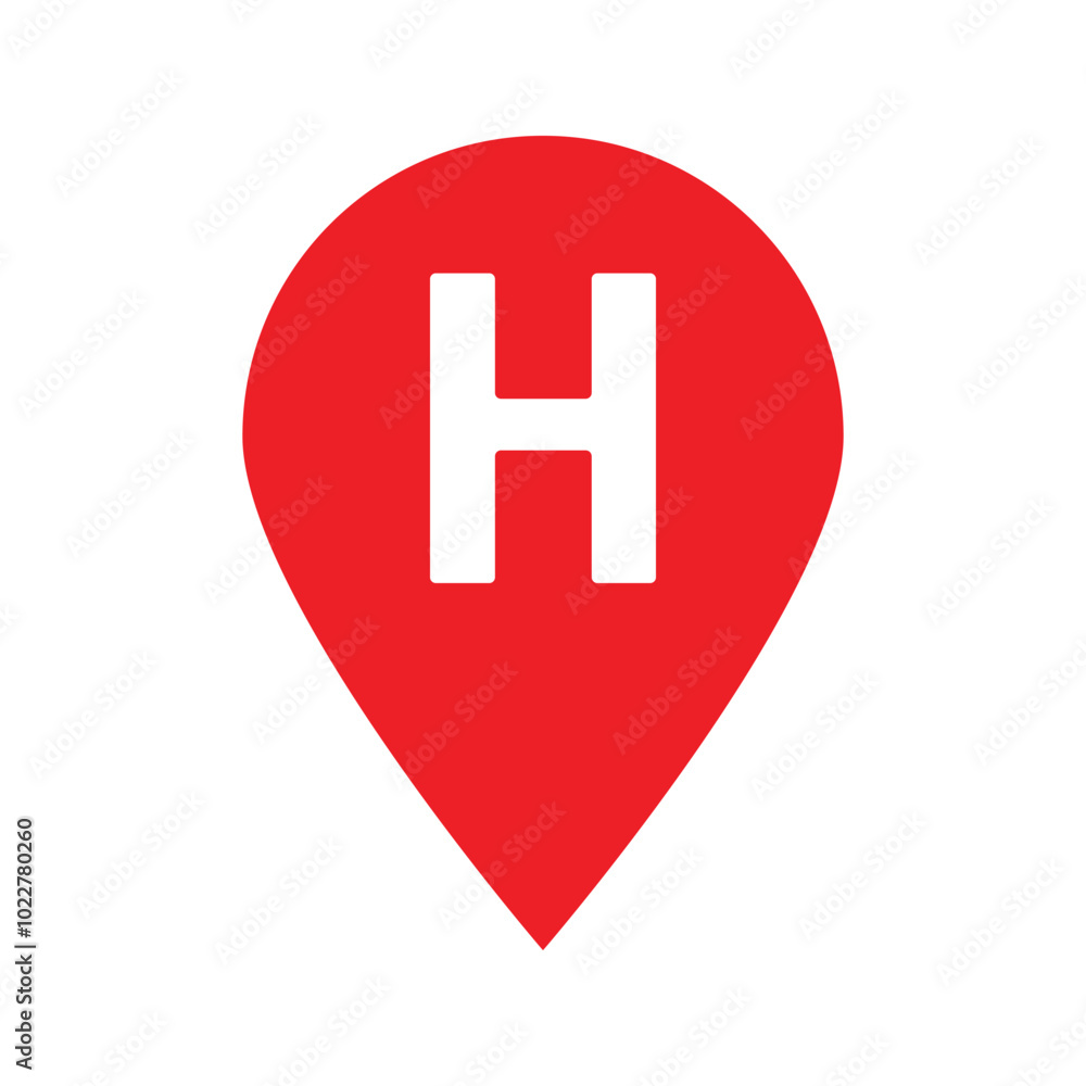 Hospital location marker isolated on white background. Red map pin for indicating a hospital location Hospital location marker isolated on white background. Red map pin for indicating a hospital location