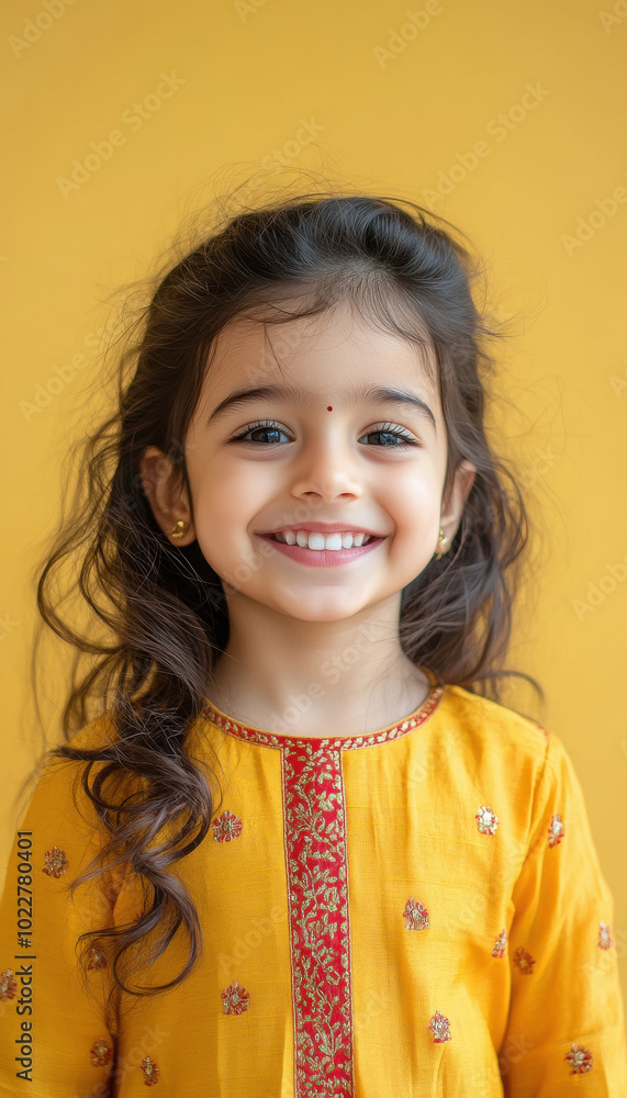 little indian girl smiling on yellow background little indian girl smiling on yellow background