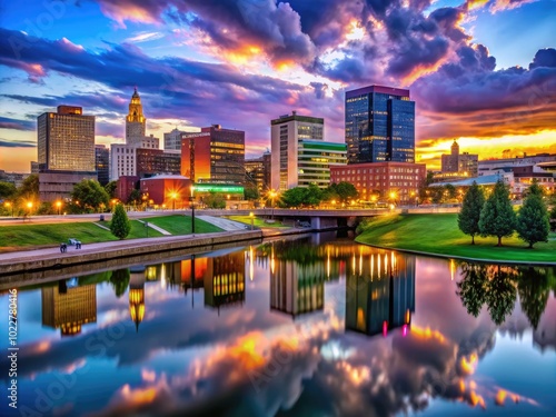 Stunning Akron Skyline at Dusk with Illuminated Buildings and Dramatic Cloudy Sky Reflections