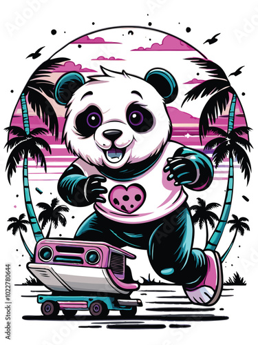 Kawaii panda rollerblading through a neon colored sunset with palm trees.