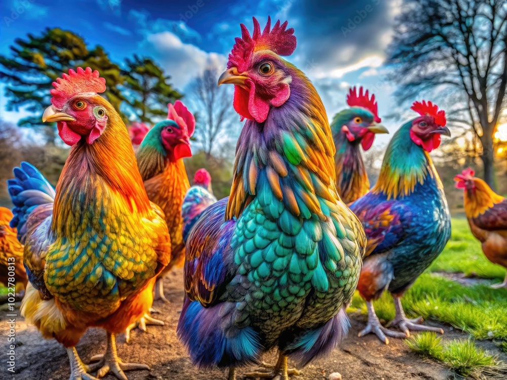 Fototapeta premium Stunning Ameraucana Chickens Showcasing Unique Feathers and Colors in a Natural Farm Setting