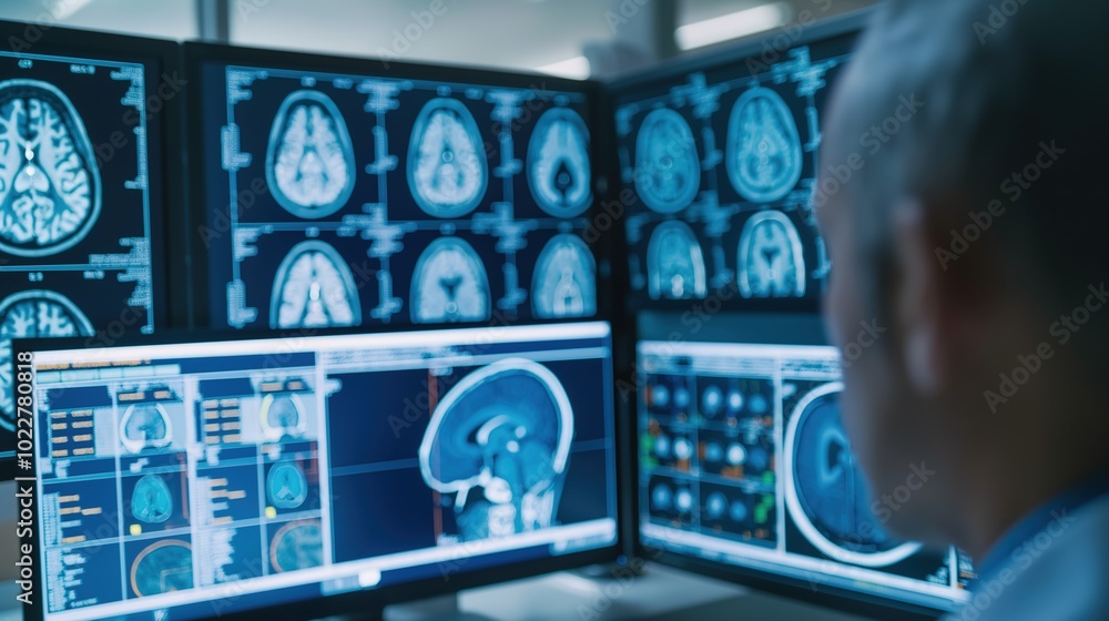 Close-up of scientist analyzing brain scan images on monitor, detailed neural pathways symbolize dementia research in medical lab setting. Close-up of scientist analyzing brain scan images on monitor, detailed neural pathways symbolize dementia research in medical lab setting.
