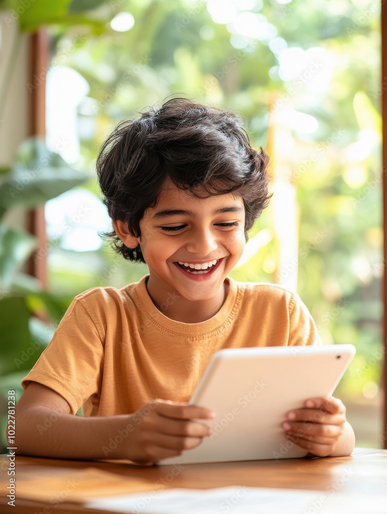 indian boy is sitting at a table with a tablet in his hands indian boy is sitting at a table with a tablet in his hands