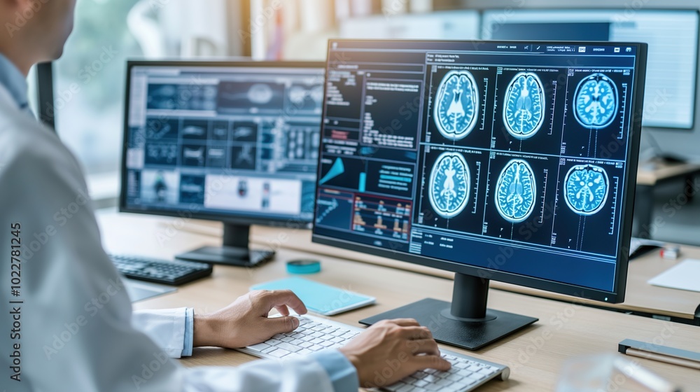 Close-up of scientist analyzing brain scan images on monitor, detailed neural pathways symbolize dementia research in medical lab setting. Close-up of scientist analyzing brain scan images on monitor, detailed neural pathways symbolize dementia research in medical lab setting.