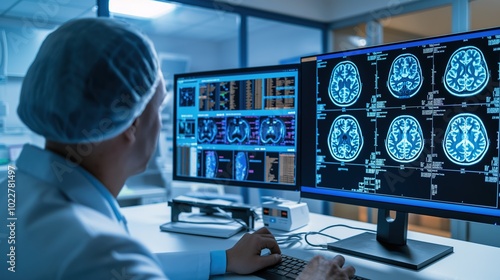 Close-up of scientist analyzing brain scan images on monitor, detailed neural pathways symbolize dementia research in medical lab setting.