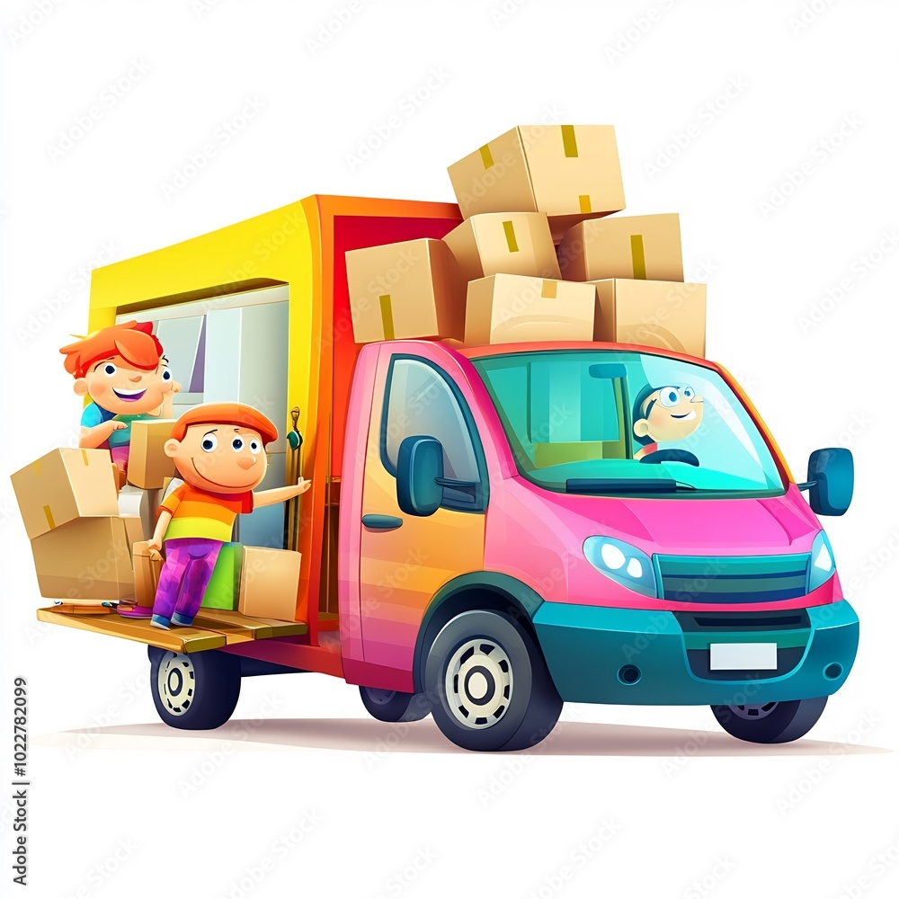 A colorful cartoon moving van with furniture and happy characters carrying boxes, set on a white background A colorful cartoon moving van with furniture and happy characters carrying boxes, set on a white background