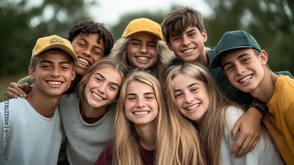 Group of joyful teenagers posing outdoors, wearing casual clothing and caps, smiling at the camera. Group of joyful teenagers posing outdoors, wearing casual clothing and caps, smiling at the camera.