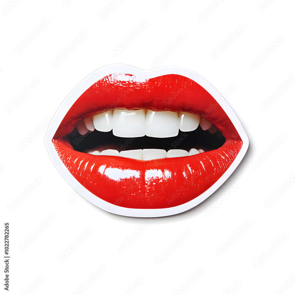 Obraz premium Sticker of realistic red lips and white teeth isolated on a white background. 