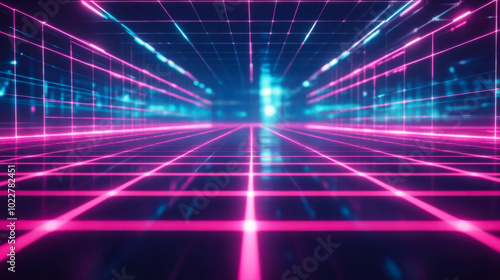 A vibrant neon grid landscape with glowing lines in a futuristic digital environment