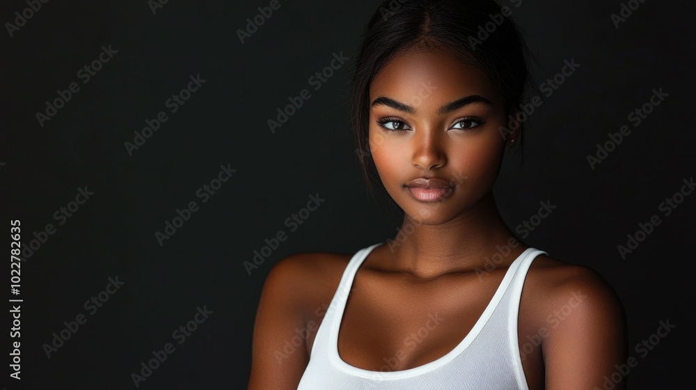Beautiful woman in white T-shirt Female breast dark background Beautiful woman in white T-shirt Female breast dark background
