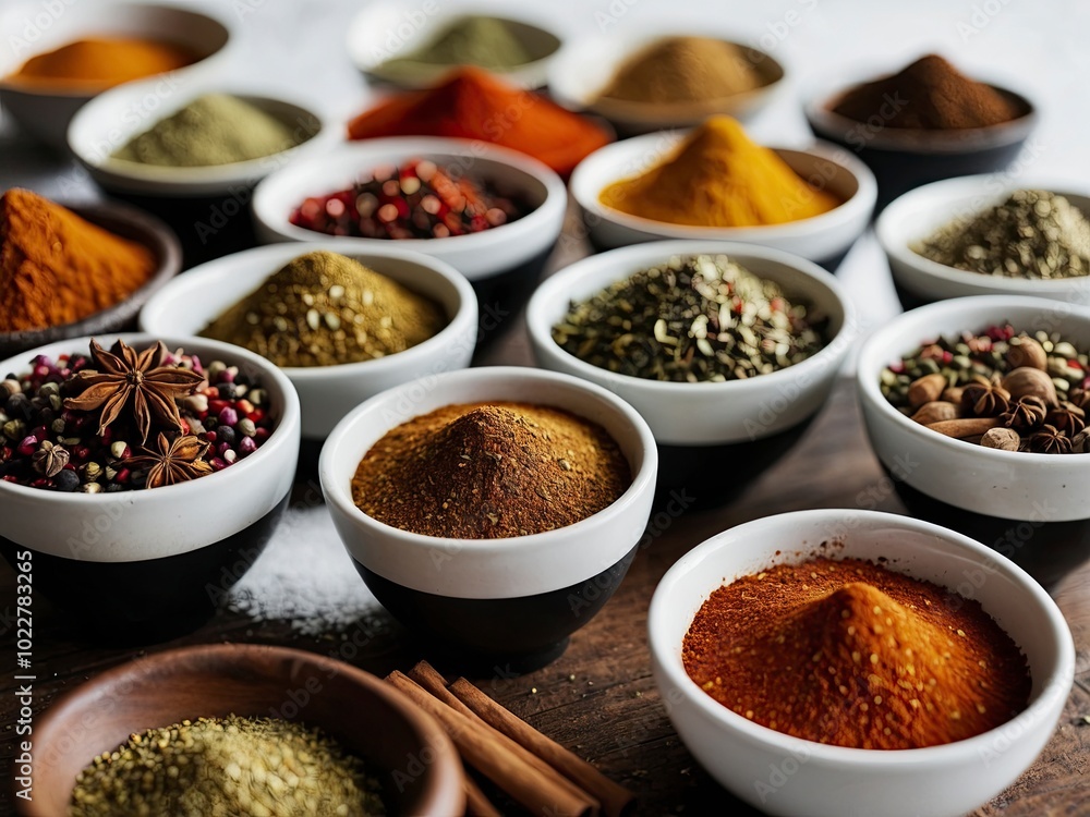 Different seasonings in cups or Spice background on the table. Cups filled with assorted spices on table Different seasonings in cups or Spice background on the table. Cups filled with assorted spices on table