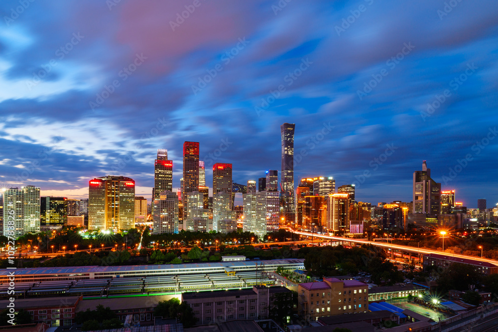 Fototapeta premium Night view of skyline of Beijing CBD (Central Business District) after dusk