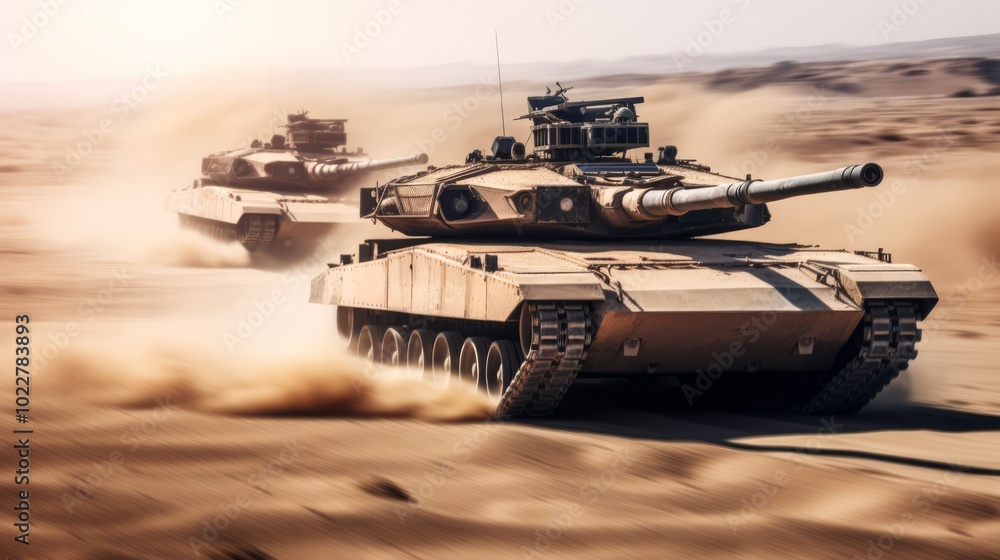 Army tanks in war battle on desert sands in movement. Neural network ai generated art Army tanks in war battle on desert sands in movement. Neural network ai generated art