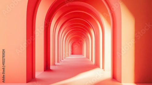 Abstract red surreal 3D rendering featuring an arch corridor with a vertical background creating a dreamlike interior illustration