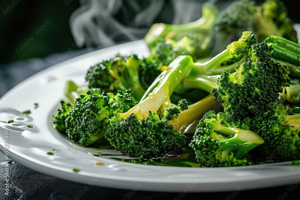 Steamed broccoli on white restaurant plate isolated. Green asparagus cabbage cooked on steam Steamed broccoli on white restaurant plate isolated. Green asparagus cabbage cooked on steam