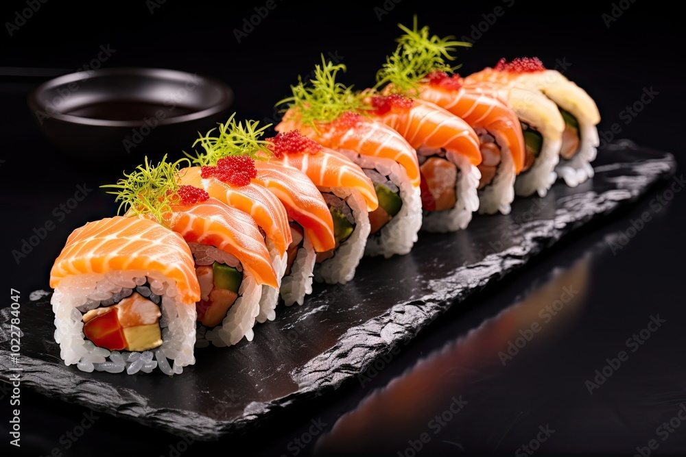 Sushi Set, Salmon Susi Rolls Lunch, Nori Maki, Nigiri Sushi Roll on Black Stone Plate Background Sushi Set, Salmon Susi Rolls Lunch, Nori Maki, Nigiri Sushi Roll on Black Stone Plate Background