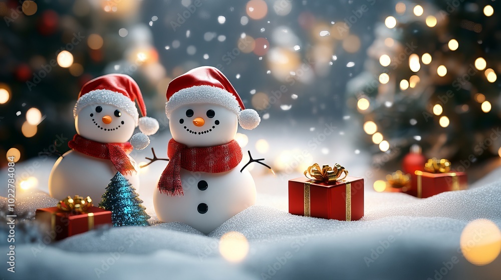 Festive Snowmen Surrounded by Christmas Presents and a Sparkling New Year Tree with Soft Bokeh Lights Festive Snowmen Surrounded by Christmas Presents and a Sparkling New Year Tree with Soft Bokeh Lights