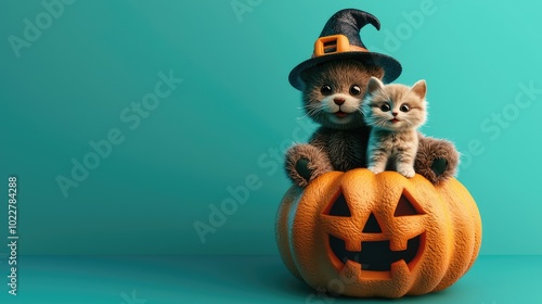 an adorable furry bear holding a fluffy kitty sitting on top of a large pumpkin, the bear is wearing a halloween witch hat, smiling, 3/4 turn, 3D photo