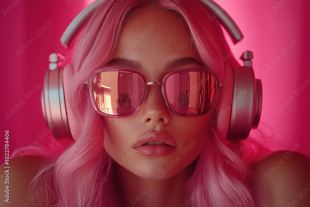 young woman with pink hair and sunglasses is wearing headphones young woman with pink hair and sunglasses is wearing headphones