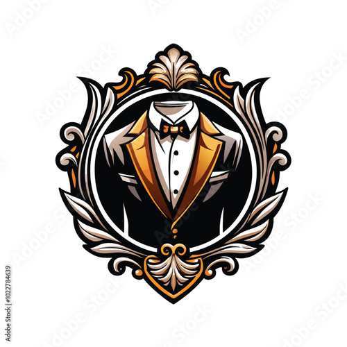 Elegant, upscale luxury fashion label logo with a tuxedo inside a decorative frame.