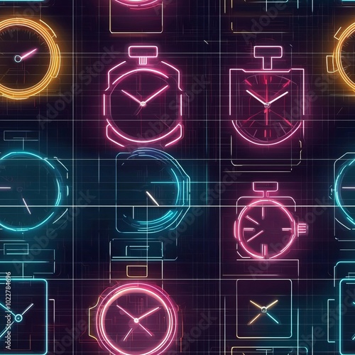 seamless pattern of futuristic digital clocks with neon accents