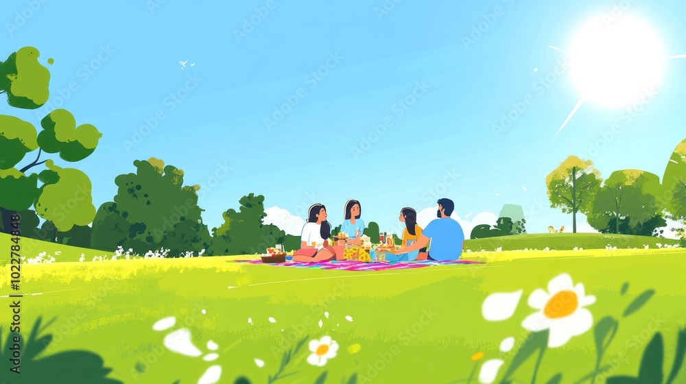A cheerful picnic scene with friends enjoying food and nature on a sunny day. A cheerful picnic scene with friends enjoying food and nature on a sunny day.