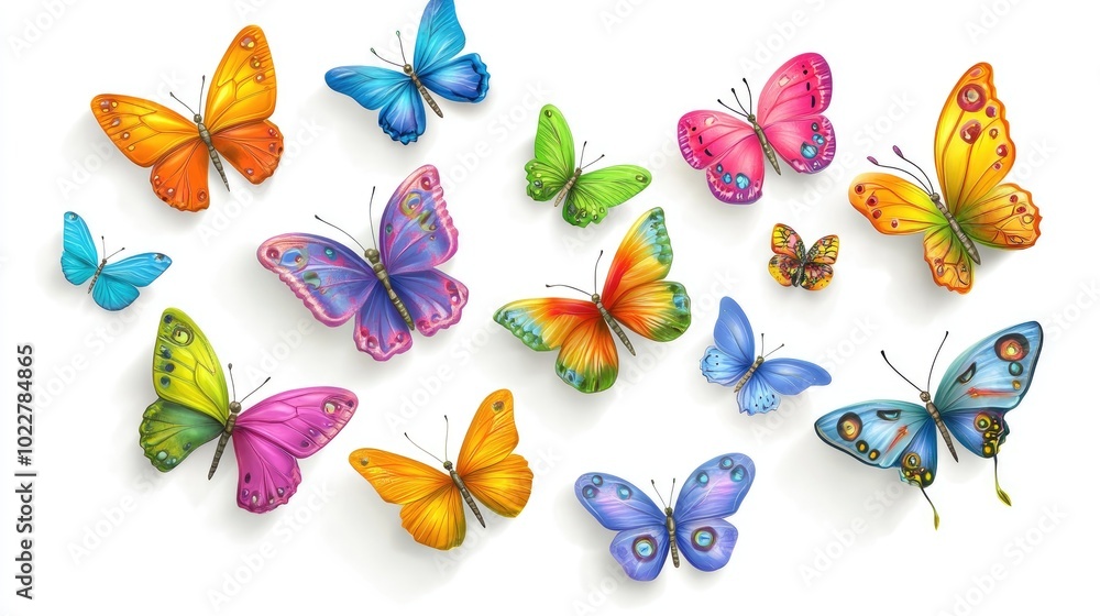 Colorful 2D cartoon butterflies set against a white background featuring various butterfly overlays and isolated designs Colorful 2D cartoon butterflies set against a white background featuring various butterfly overlays and isolated designs