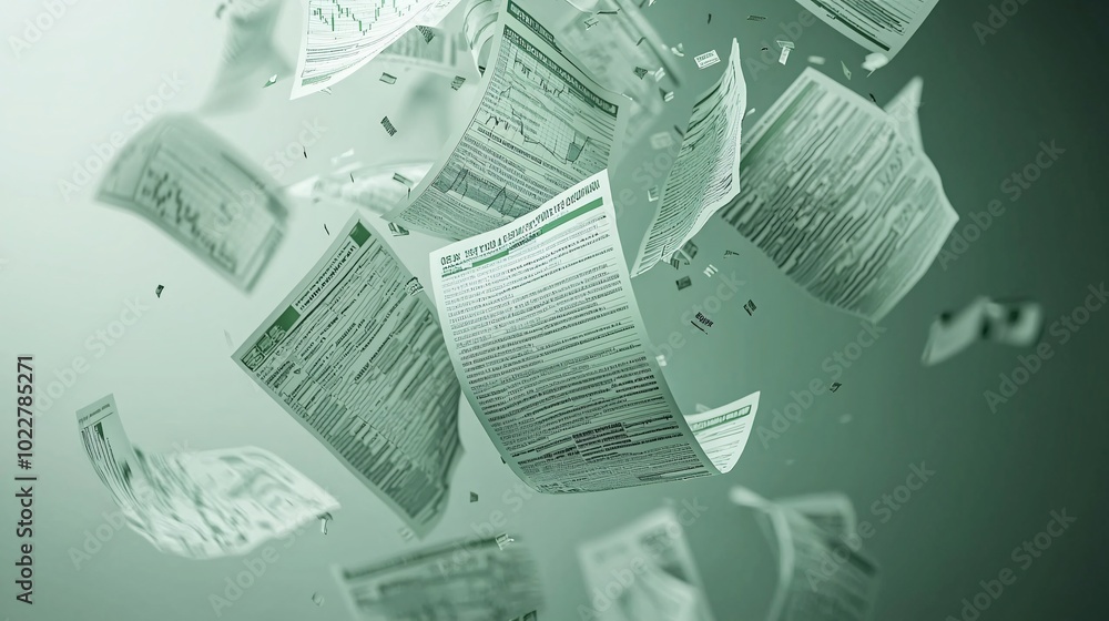 Obraz premium Top-down view of a falling stack of stock market charts, papers flying as if in free fall.