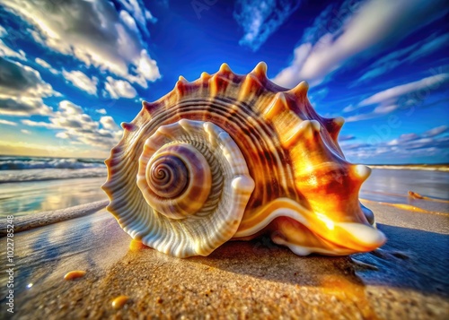 Stunning close-up of a lightning whelk shell showcasing unique patterns and vibrant colors on sand photo