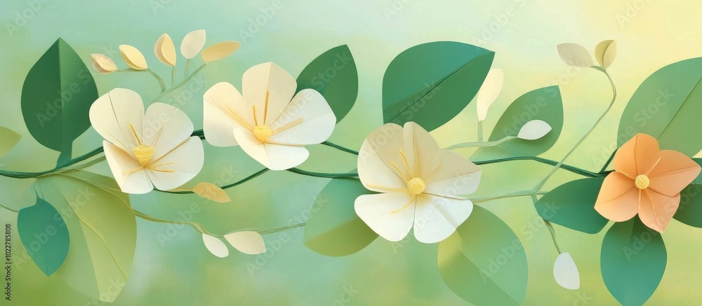 Bougainvillea Or White Paper Flowers With Yellow Pollen And Green Leaves On A Blurred Background Bougainvillea Or White Paper Flowers With Yellow Pollen And Green Leaves On A Blurred Background