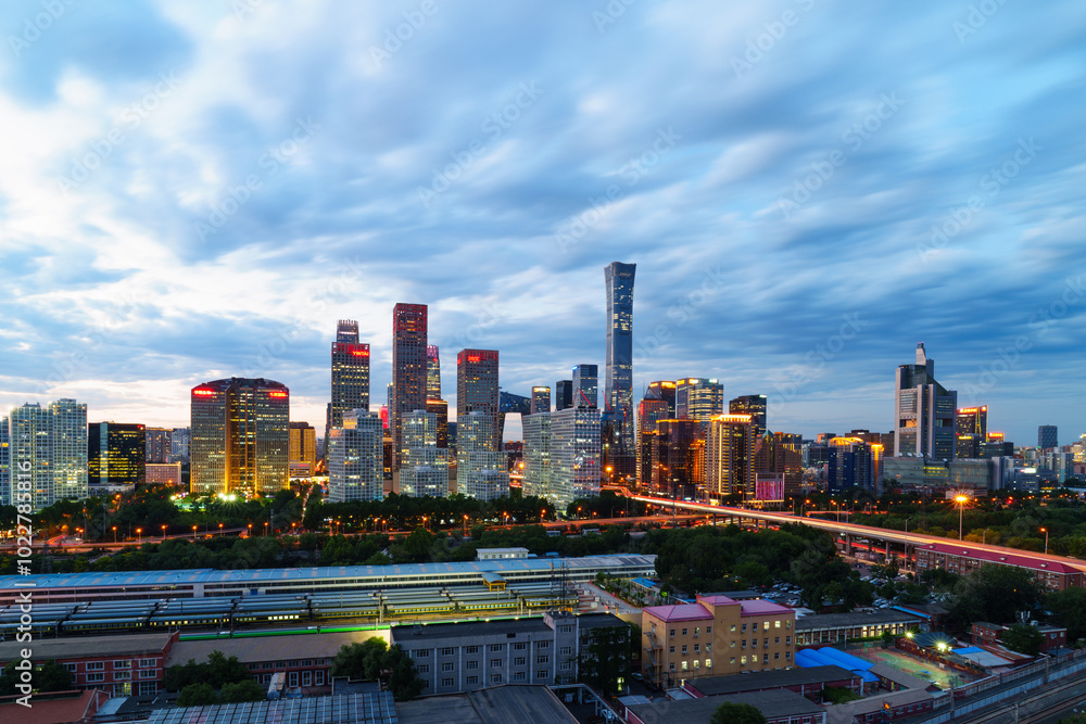 Fototapeta premium Night view of skyline of Beijing CBD (Central Business District) after dusk