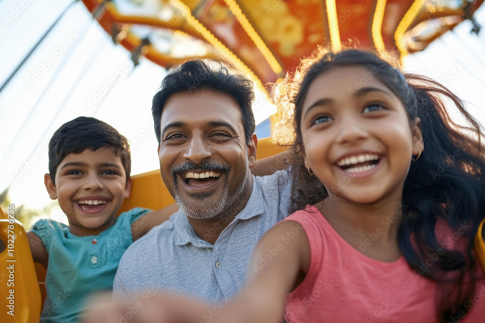 A man and two children are smiling and laughing while riding a carousel A man and two children are smiling and laughing while riding a carousel