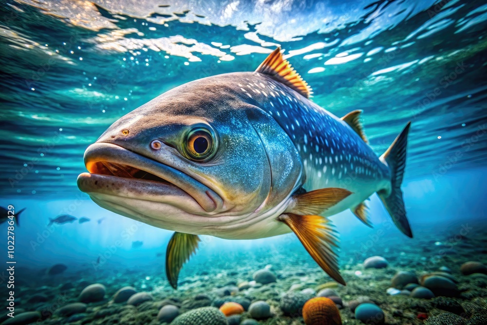 Naklejka premium Stunning Close-Up of Large Fish Swimming Gracefully in Clear Blue Water Under Natural Light