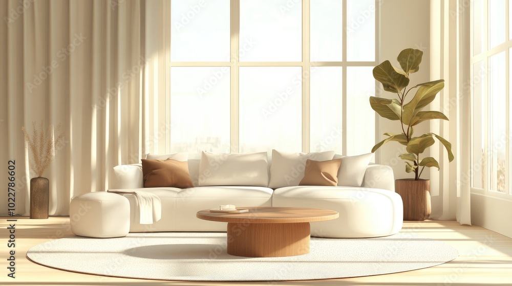 A minimalist living room features expansive windows a cozy white sofa plush neutral cushions and a sleek round coffee table set on a textured rug radiating sophistication and comfort A minimalist living room features expansive windows a cozy white sofa plush neutral cushions and a sleek round coffee table set on a textured rug radiating sophistication and comfort