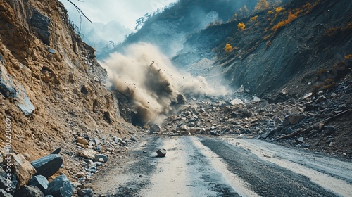 A rocky mountain road is blocked by a landslide with a large cloud of dust and debris.