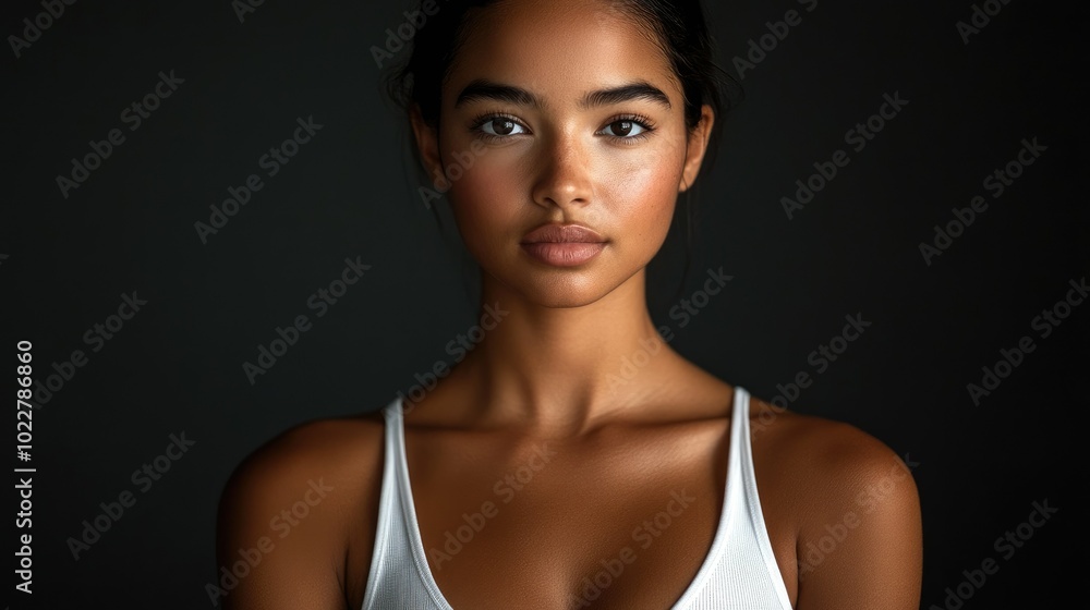 Beautiful woman in white T-shirt Female breast dark background Beautiful woman in white T-shirt Female breast dark background