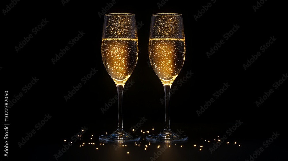 Elegant Champagne Glasses with Golden Sparkles on Black Background, New Year's Celebration Concept Elegant Champagne Glasses with Golden Sparkles on Black Background, New Year's Celebration Concept