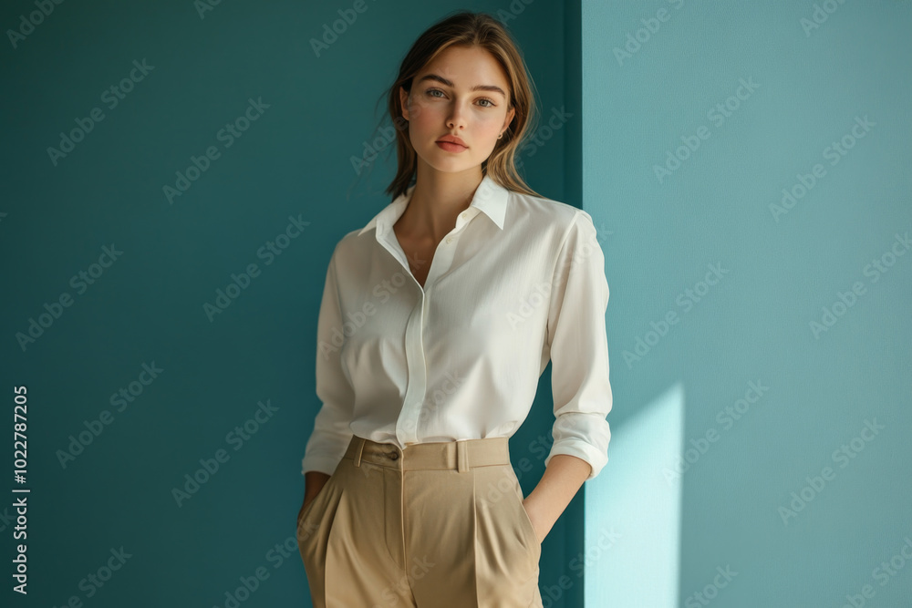 young confident woman wearing a stylish classic shirt and trousers. Modern woman boss. studio young confident woman wearing a stylish classic shirt and trousers. Modern woman boss. studio