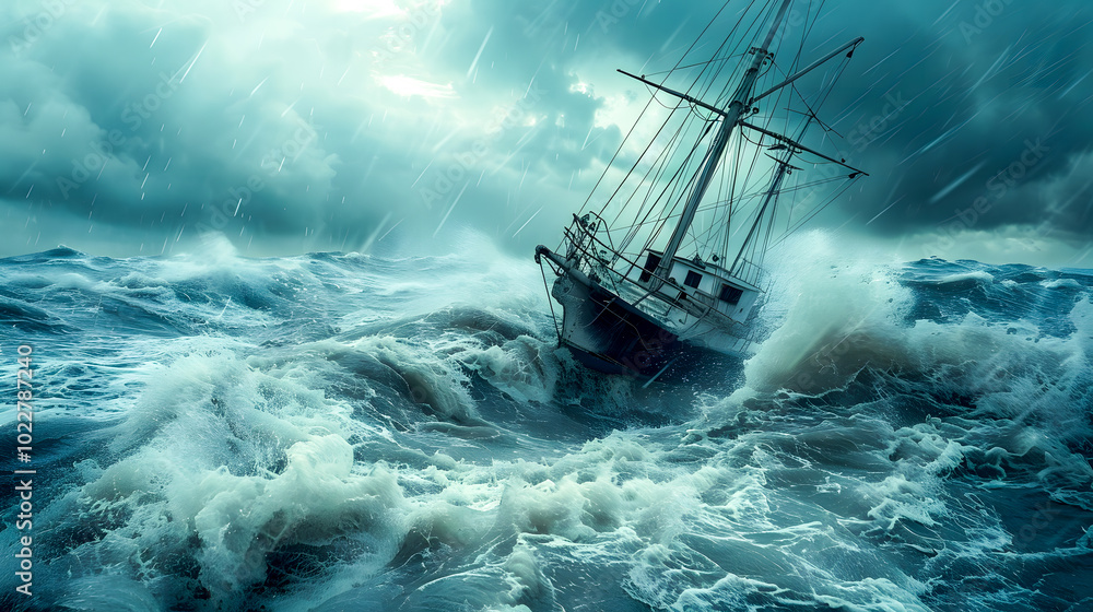 Obraz premium Boat in distress. A ship sailing in the storm on a rough sea, about to sink. A clearing in the sky could prevent it from disaster