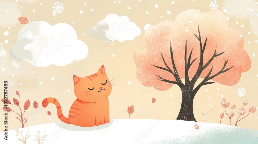 Cartoon illustration featuring a cat a tree and clouds in a winter scene Cartoon illustration featuring a cat a tree and clouds in a winter scene