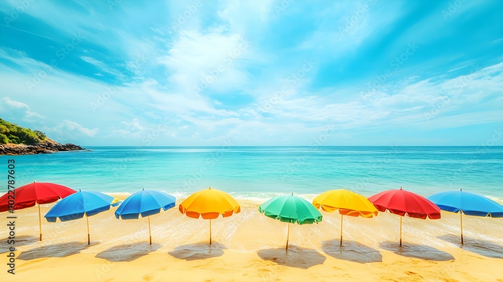 A vibrant beach scene with colorful umbrellas lining the shore under a clear blue sky. A vibrant beach scene with colorful umbrellas lining the shore under a clear blue sky.