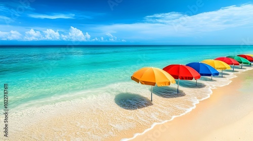 A vibrant beach scene with colorful umbrellas lining the shore under a clear blue sky. photo