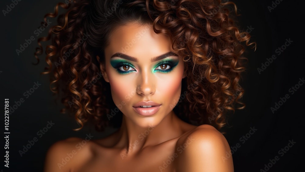 Beautiful Woman With Curly Hair and Green Eyeshadow Beautiful Woman With Curly Hair and Green Eyeshadow