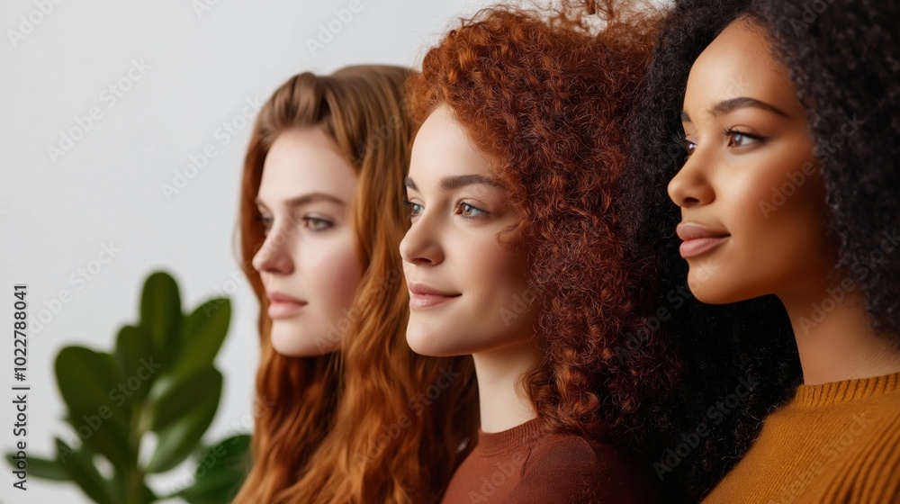 A side profile portrait of three women with different hair textures and skin tones, standing in a line with a calm expression, against a neutral background with a green plant adding a natural touch A side profile portrait of three women with different hair textures and skin tones, standing in a line with a calm expression, against a neutral background with a green plant adding a natural touch
