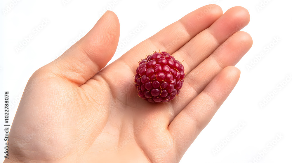 Top view of a raspberry resting on an open hand isolated on a white background Top view of a raspberry resting on an open hand isolated on a white background
