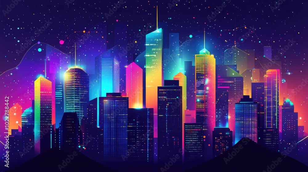 Abstract Metropolis Illustration Exaggerated View Of Buildings City Life Concept With Colorful Neon Lights Fintech Marketing Visualization Financial District At Night Abstract Metropolis Illustration Exaggerated View Of Buildings City Life Concept With Colorful Neon Lights Fintech Marketing Visualization Financial District At Night