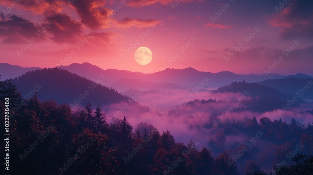 Breathtaking sunset with a full moon ascending above foggy mountains and vibrant forests Breathtaking sunset with a full moon ascending above foggy mountains and vibrant forests